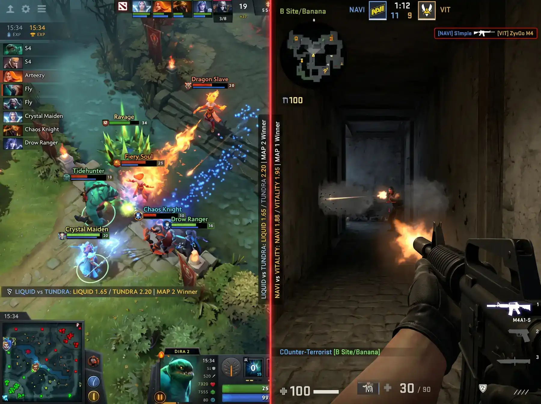 Pantalla dividida con una partida de Dota 2 a un lado y una partida de CS2 al otro con cuotas de apuestas superpuestas