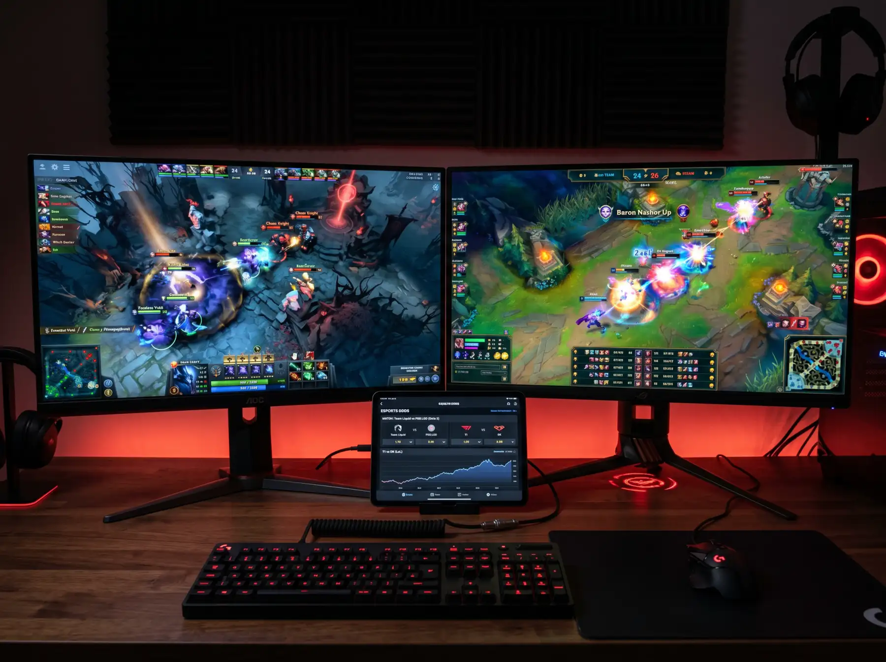 Dos monitores de eSports mostrando partidas de Dota 2 y League of Legends con gráficos de cuotas de apuestas